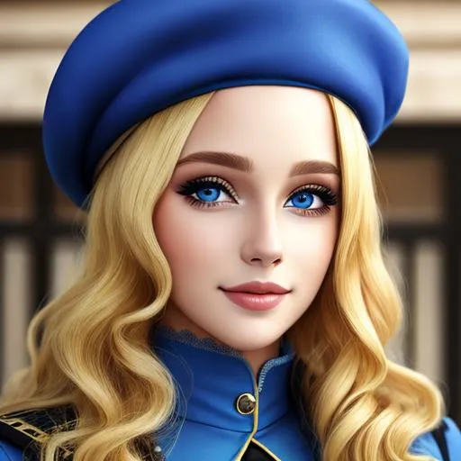 Prompt: A beautiful woman dressed in blue, long  blonde very curly hair, facial closeup, blue beret style hat