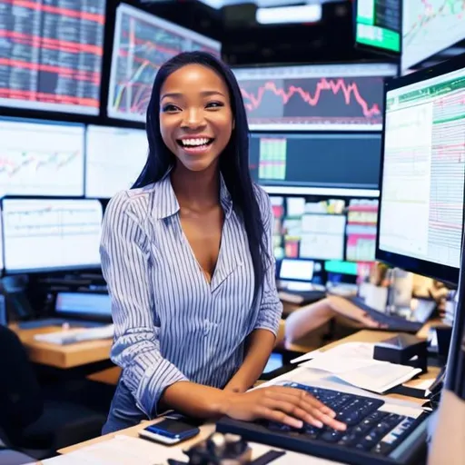 Prompt: a female trading in the forex market being excited
