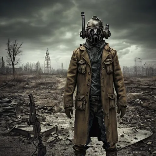 Prompt: wasteland, post-apocalyptic, overcoat, gasmask, gun, chernobyl, realistic
