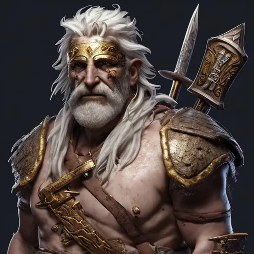 Prompt: old man gold, Tall,   very white scarred skin, covered in bandages, gold tattered cloth armor exposes his midriff, hood of magical mask like,  large gold gem between pecs in chest, Barbarian, Strong, wielding large two-handed great-axe, Fantasy setting,