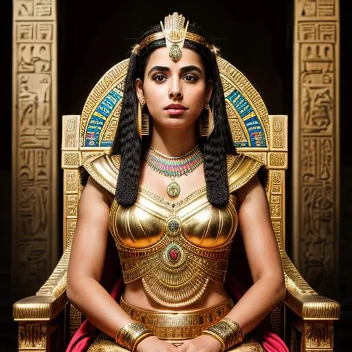 Prompt: Create full image an intricate and lifelike hyper realistic image of Queen Cleopatra, Standing in frond of her throne in ancient Egypt, surrounded by her regal attire and symbols of her reign. add all the details of her physical appearance.