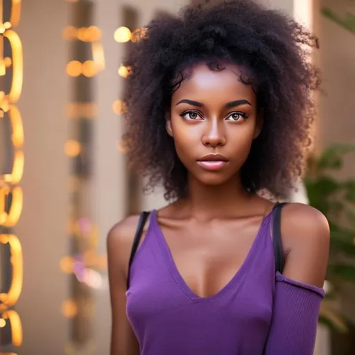 Prompt: Beautiful AI black woman with purple hair and light brown eyes