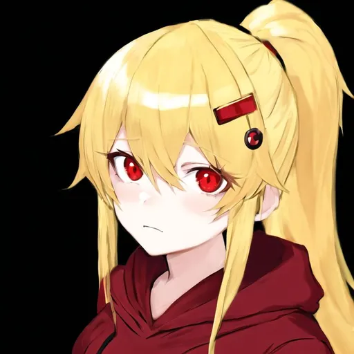 Prompt: Portrait of a cute girl with long, blonde hair and red eyes wearing a red hoodie and red hair clips 
