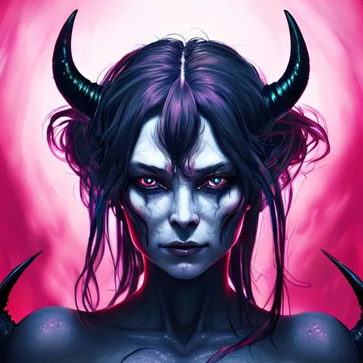 Prompt: head and shoulders portrait of a female demon, 8K resolution, analogous colors, highly detailed