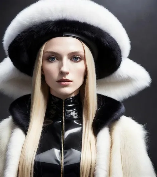 Prompt: 64K UHD HDR Realistic Detailed Oil Painting of Franciska Törőcsik wearing a long black coat trimmed with white fur. Tall Black Pillbox Hat. Shoulder-Length Blonde Hair. Yellow Eyes. Cognate. Art by Yukito Kishiro