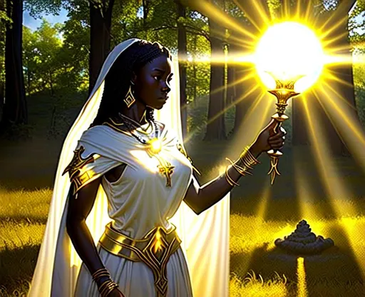 Prompt: (Hyperrealistic highly detailed wide shot of an ebonian sun priest woman summoning an exorcism on land)
Epic, magic, visual effect. Beautiful, determined, golden necklace, white translucent silk, holy light. Sun. Shadows. Scenery. Inspiring.