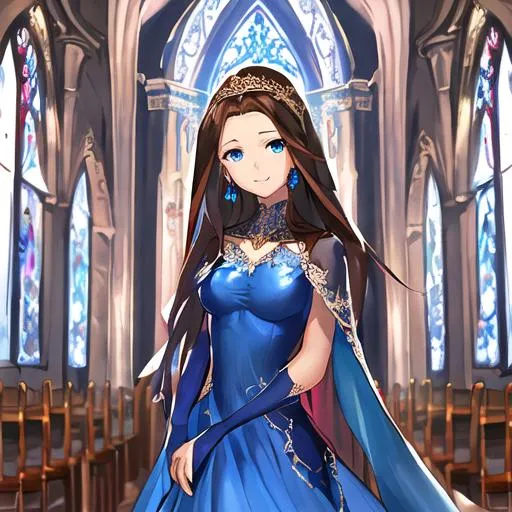 Prompt: beautiful woman, medium brown hair, blue eyes, a long blue wedding dress, shiny ruby earrings, happy face, standing in front of a window, standing under an alter, looking at viewer