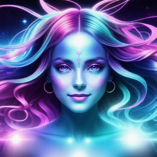 Prompt: Exuberant, Happy, Joyful, Affectionate, psychedelic cinematic, Nebula, 3D HD Beautiful [{Goddess}Female liquid satin, Beautiful big reflective eyes, beautiful hands], Nebula background, hyper realistic, 64K --s98500