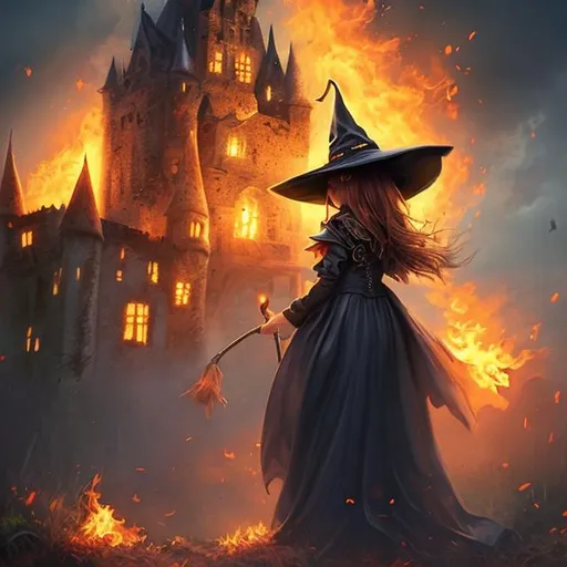 Prompt: A beautiful girl witch,backgroud a burning castle,realistic