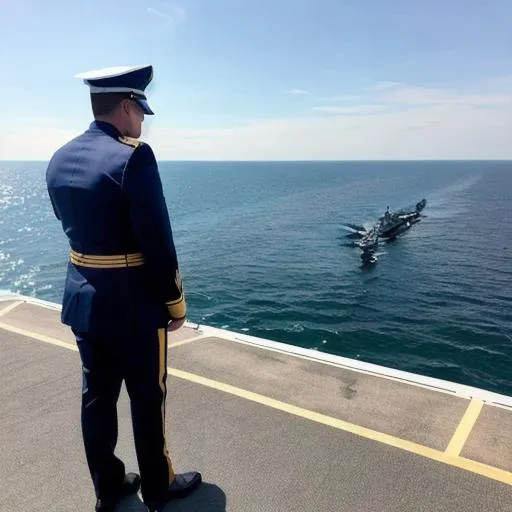 Prompt: A CAPTAIN STANDING ON HIS AIRCRAFT CARRIER 