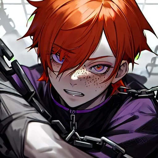 Prompt: Erikku male adult (short ginger hair, freckles, right eye blue left eye purple) 8K, Highly detailed, insane detail, best quality, high quality, holding a chain saw