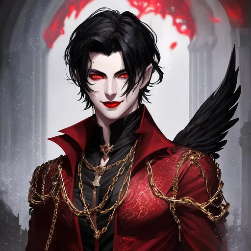 Prompt: young handsome male, black hair ,arabian siren eyes, mischevious smile, shadowy eyes, dark red lips, one eye slightly blinking, dimple on one side,red noble outfit,in a mansion, castle appoitment, scar on the nose, chains, ultra hd, 64k, artstation, digital art, particles, volumetric lighting, realistic, high quality, unreal engine 4, hd render