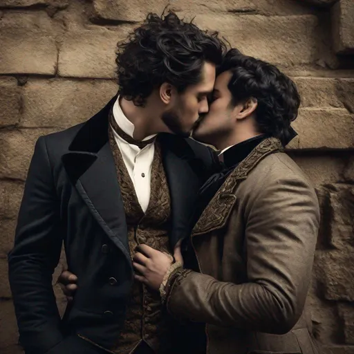 Prompt: Diverse handsome chubby male couple, kiss on neck, sensual ragged Victorian clothes, dynamic lighting, distressed Old London background, ultra realistic, old photo filter, side diagonal view, aerial top down view

