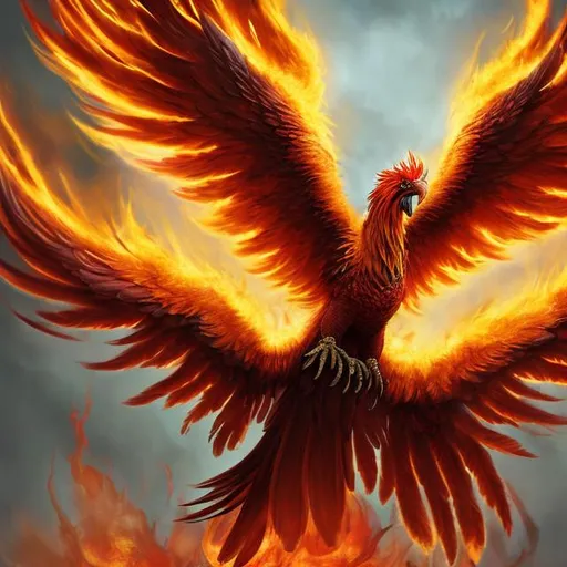 Prompt: A bright red, orange, and hues of yellow feathered phoenix rising from the ashes, crown on its head, large fire wings