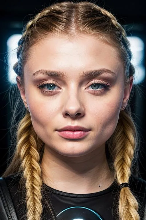 Prompt: (HD 16k RAW photo), (Sophie Turner|Chloé Grace Moretz), Girl posing for camera, (Close up face shot), perfect symmetrical eyes and face, (looking at camera), canon m50, (cyberpunk world), braided pigtails, (Cinematic lighting), neon