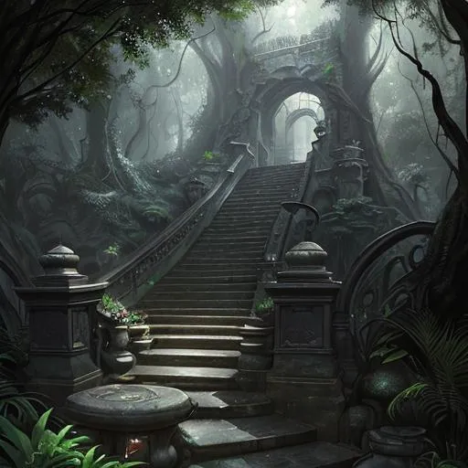 Prompt: Black marble steps leading up through a lush forest, to a secret door at the top, style of Tyler Edlin