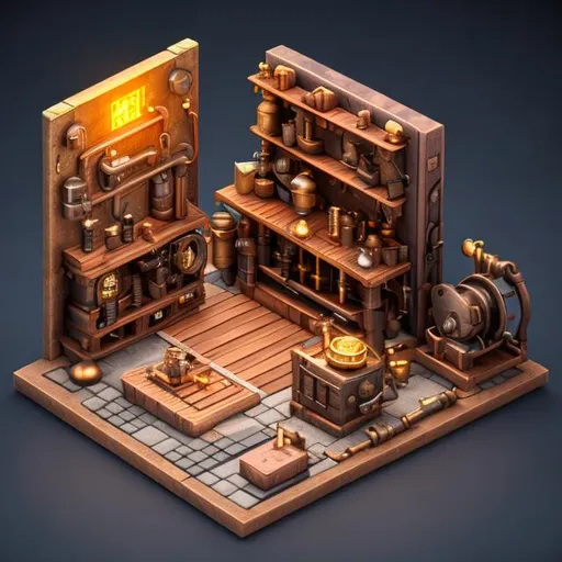 Prompt: cute isometric steampunk forge and anvil in middle, cutaway box, fantasy, highly detailed, made with blender --v 4