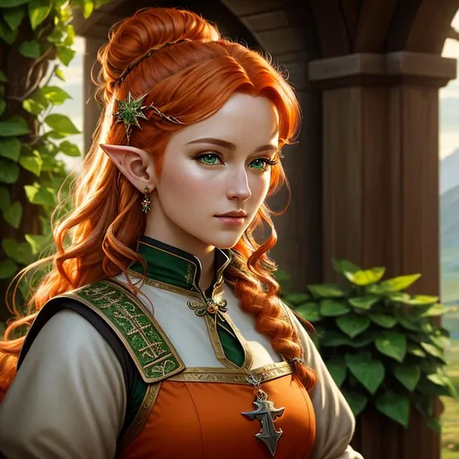 Prompt: oil painting, fantasy,  UHD, hd , 8k, , hyper realism, Very detailed, zoomed out view of character, panned out view, full character visible,  elf female artist, she has curly orange hair in a bun, she has green eyes, she is wearing medieval attire