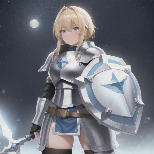Prompt: Female Dwarf Cleric with blonde hair, Clad in Silver and Blue Armor. holding a Shield Moon themed, Short and Stocky