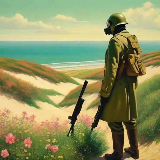 Prompt: On a hill, near a sandy beach. blooming spring, fresh vegetation, sunshine. soldier wearing a gas mask, trench coat, rifle slung over his left shoulder. surrealism.