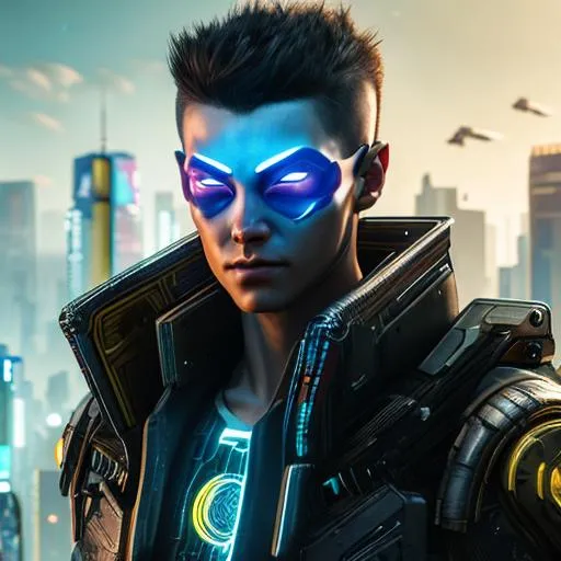 Prompt: Cyberpunk man warrior with natural yellow-blue eyes, high quality, photorealistic, realistic lighting
