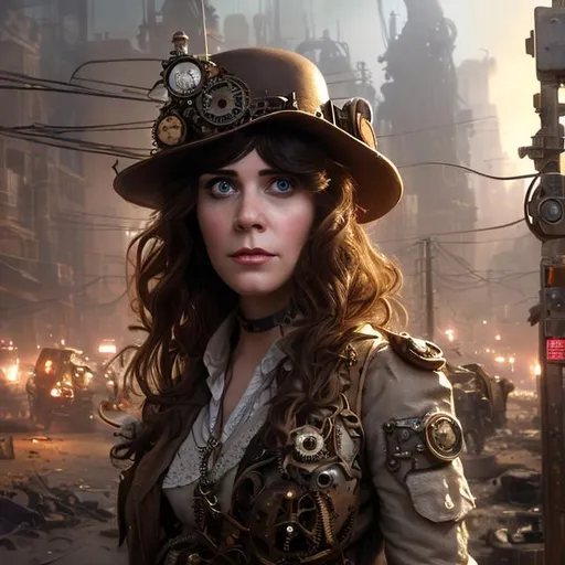 Prompt: portrait of steampunk Zoey Deschanel, neutral colors, in messy bedroom filled random road signs, backlit, elegant, highly detailed, digital painting, artstation, concept art, smooth, sharp focus, illustration, art by krenz cushart and artem demura and alphonse mucha