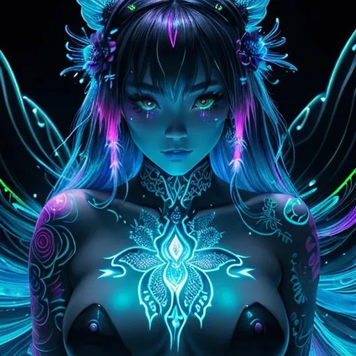 Prompt: Bioluminescent body art, full body Bioluminescent  tattoo, intricate detailed style of colourful, japanese gorgeous woman,  hyperdetailed Bioluminescent gases painting, heavy strokes, paint dripping glowing neon Bioluminescent paints and wild rift, sharp focus digital detailed by Mr Muz., Miki Asai Macro photography, close-up, hyper detailed, trending on artstation, sharp focus, studio photo, intricate details, highly detailed, by greg rutkowski, Bioluminescent skin, bioluminscent silk kimono