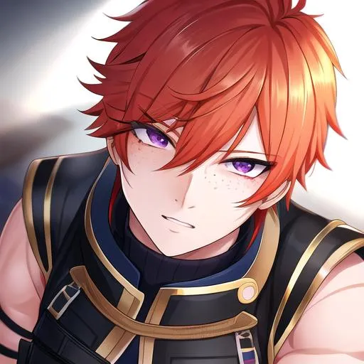 Prompt: Erikku male (short ginger hair, freckles, right eye blue left eye purple) UHD, 8K, Highly detailed, insane detail, best quality, high quality, Upset, muscular