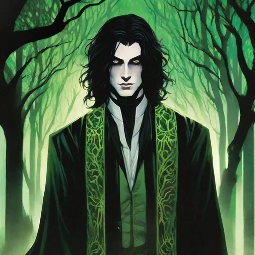 Prompt: A Male Sluagh from Changeling: The Dreaming, standing in a dark forest. he has pale white skin, deep under-eye circles, and long, flowing black hair. His eyes are large and almond-shaped, and they glow with an eerie green light. he wears a dress that is made of shifting shadows. Her skin is covered in strange markings, and her nails are long and sharp.Well draw face, detailed. changeling the dreaming. Rpg art. 2d art. 2d. Well draw face, detailed. changeling the dreaming. Rpg art. 2d art. 2d. intricate details, HDR, beautifully shot, hyperrealistic, sharp focus, 64 megapixels, perfect composition, high contrast, cinematic, atmospheric, moody
