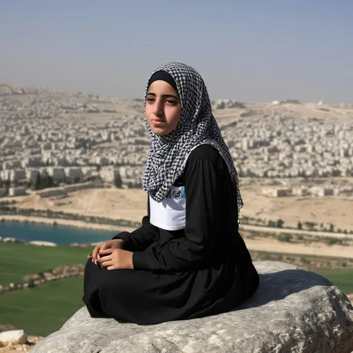 Prompt: Palestinian Teenage girl wearing a hijab sitting on a rock.