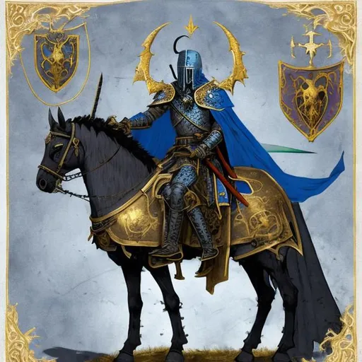 Prompt: a mounted knight wearing a blue tunic and a blue cloak, a set of golden chain mail and a golden horned greathelm, having a golden laurel in light; next to him, a shadow with a tombstone with a black rose, a sword, and a translucent grayish humanoid ghost levitating 