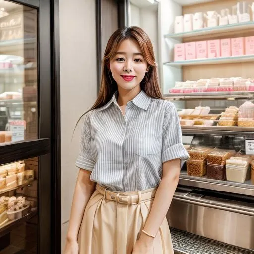Prompt: HD photo of a Cute Korean woman in a cute korean bakery. Happy, Instagram photo, beautiful, Korean, k-beauty, makeup, lipstick, cutie, skinny