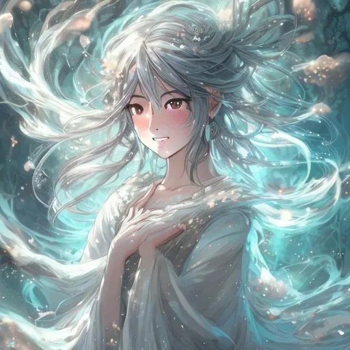 Prompt: "Create a captivating anime illustration of Hina from 'Weathering with You' that captures her ethereal and mystical aura. Envision Hina in an anime style, wearing a flowing and elegant outfit that resonates with her connection to weather manipulation. Focus on her eyes that hold a hint of wonder and power, and her gentle smile that reflects her nurturing personality. Surround her with elements that symbolize rain, clouds, and the sky, emphasizing her unique ability. Infuse the artwork with a mix of soft, dreamlike colors and a sense of calm serenity. Capture the essence of Hina's role in the story, showcasing her as a beacon of hope amidst changing weather patterns."