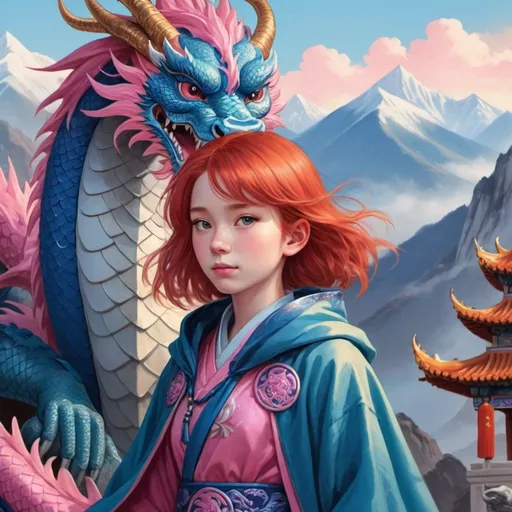 Prompt: The cover of a novel, a young girl with medium length red hair, the side of her hair is cut very short, she wearing a blue and pink cloak and holding an amulet, behind her is a large blue and pink chinese dragon, in the background are mountains and the sun 