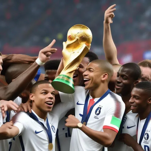 Prompt: make Kylian Mbappe
  win a world cup and celebrate with the french boys soccer national team holding the fifa world cup trophy









