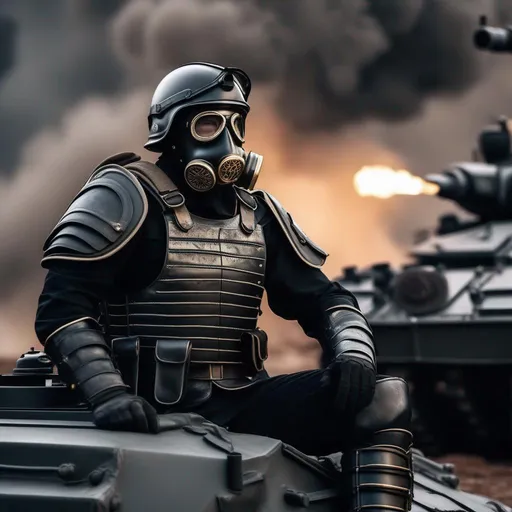 Prompt: A depression modern roman military male in black military roman armor, and gas mask, sitting on a tank, Hyperrealistic, sharp focus, Professional, UHD, HDR, 8K, Render, electronic, dramatic, vivid, pressure, stress, traumatic, dark.