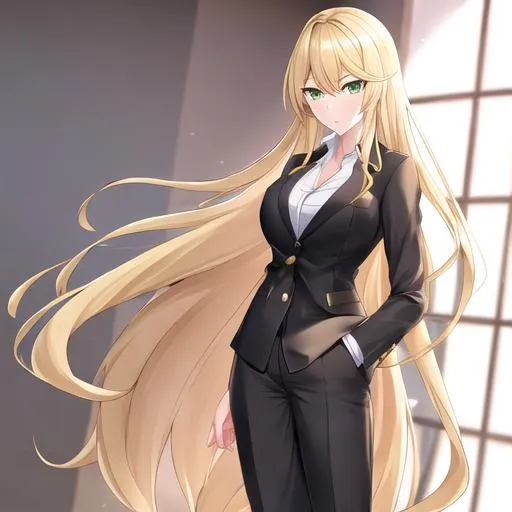 Prompt: Kazumi 1female. Long Blonde hair that stops at her shoulders. Sharp and lively green eyes. Wearing a  sleek and stylish ensemble, with a tailored blazer, crisp button-up shirt, and fashionable trousers. UHD