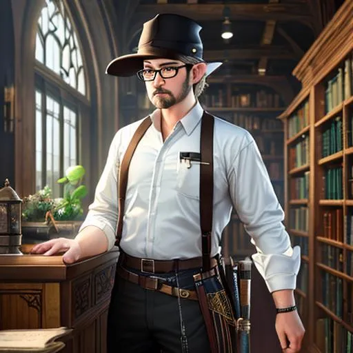 Prompt: oil painting, UHD, hd , 8k, hyper realism, Very detailed, short, adult male, short elven gnome, librarian, wearing a perfectly clean shirt and pair of pants, wields a polished crossbow, short hair, dark blonde hair, small goatee, very pronounced jaw, large pronounced eyebrows, wears rectangular glasses with silver brims, in a library