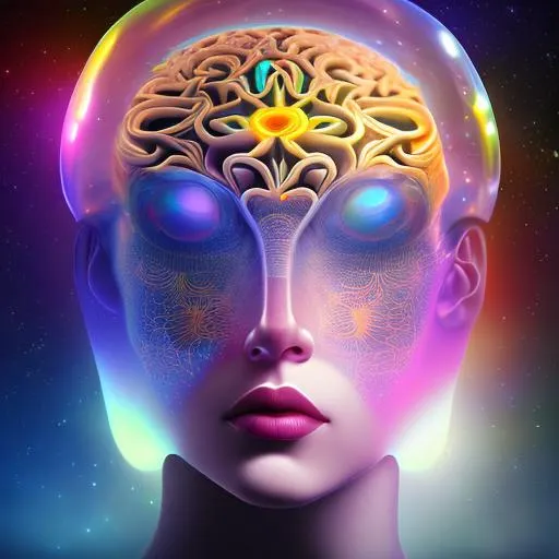 Prompt: Head full of thoughts, surreal art style, binaural beats for higher self. centralised and accurate, arcane, trending on artstation, hyper-realistic painting. The shot shows a close up image of a head and a transparent brain with heads as thoughts.