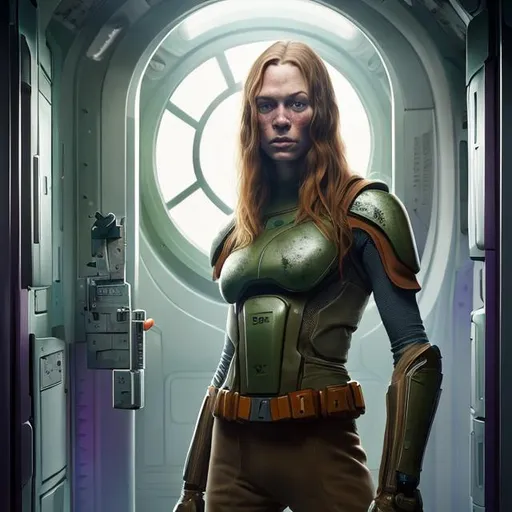 Prompt: Oil painting of a tall woman with Lithuanian features and light brown hair pretty face with freckles, In futuristic storage bay, wearing futuristic military green protective vest over whole torso with no sleeves, purple shorts with bare legs, perfect composition, hype realistic, super detailed, 8k, high quality, trending art, trending on artstation, sharp focus, studio photo, intricate details, highly detailed, by greg rutkowski