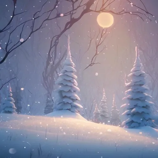 Prompt: A peaceful wild space, soft colours, dreamy, winter, in the style of secret of kells animation, evening, christmas tree.

