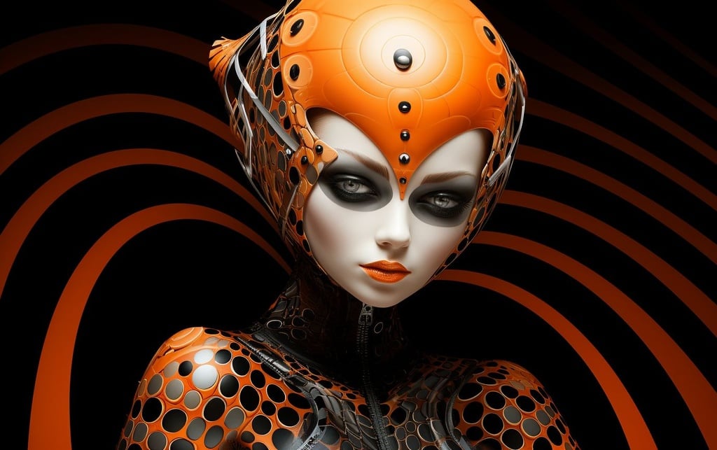 Prompt: ma black and white, futuristic woman in an orange dress, in the style of highly stylized figures, cybergoth, naoto hattori, 8k 3d, botticelli-esque figures, shiny/glossy, luminescent color scheme