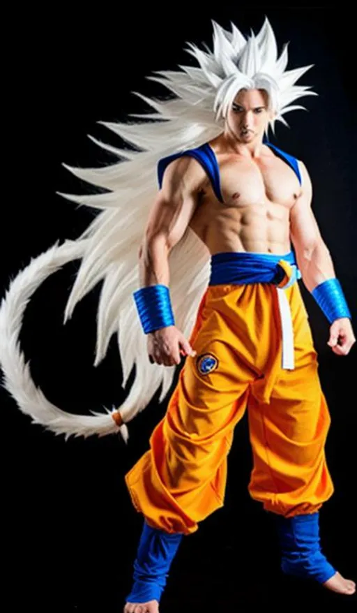 Ssj5 goku with silver hair and a glowing aura, high quality