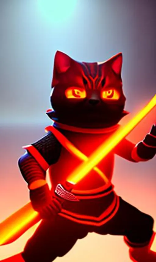 Prompt: Orange ninja cat with sword in hand + typing on keyboard + red glow eyes+ photorealistic, unreal engine 5, RTX