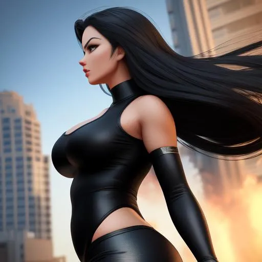 Prompt: Close-up, living person, massive, giantess, 3d , rampaging, destroying buildings,  attack of the 50 foot woman. living, breathing, 25 years old,  gorgeous woman, black hair stunning body, clothing, looking ,playful,front view, Hyper-realistic textures, Precise details, Expansive landscapes, Jackson Pollock