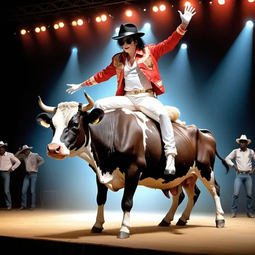 Prompt: Realistic picture. Michael Jackson riding on a cow. Background on stage