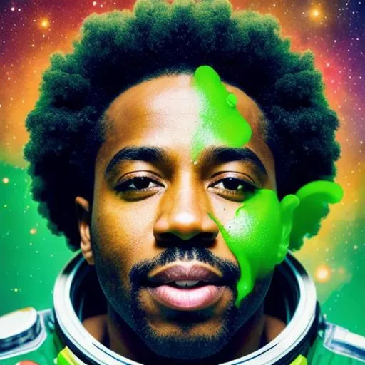 Prompt: an african american man floating in space and half of his face with green liquid floating around him. space, 4k, hyper realistic