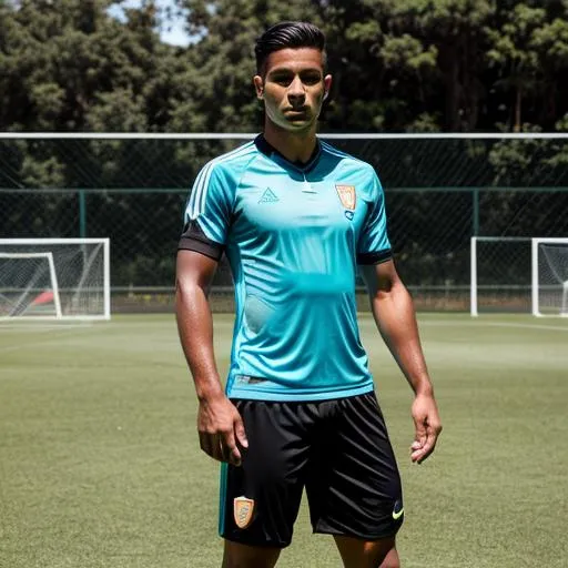Prompt: 25 year old male soccer player posing wearing a turquoise shirt and black shorts. Turquoise sox. Black shoes. hyperrealistic. full body.