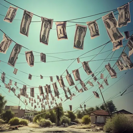 Prompt: money notes hanging on a washing line in a destructive landscape, concept of money laundering, full view