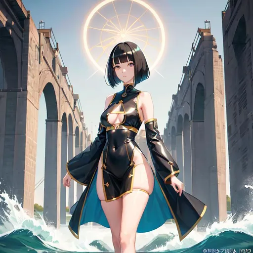 Prompt: a lonely AI girl, very tall, thick thighs, wide hips, long legs, slender waist, big symmetrical eyes, aloof expression, bob haircut with bangs, in the style of "the Crossing of the Delaware River", 12K resolution, hyper quality, hyper-detailed, depth of field